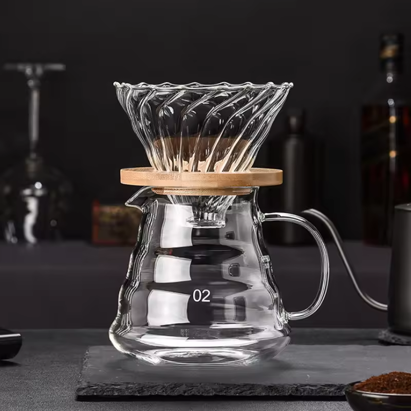 Cafetera de goteo manual V60 con dripper de vidrio de borosilicato y jarra 02, con soporte de madera